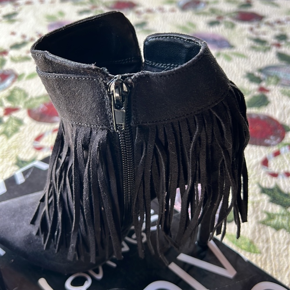 Black Suede Fringe Heeled Booties - Picture 5 of 10